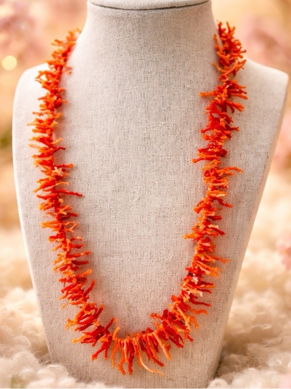 Vintage Angel Skin Branch Coral Necklace 22” Salmon Gold Hidden Clasp Boho Lux